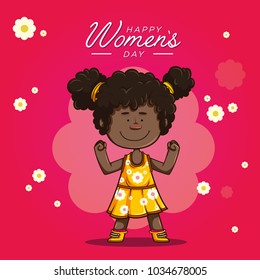 Cute afro girl smiling in a yellow dress with white flowers and fuchsia stockings, making sign of being strong with a text above Happy Women's Day. illustration on flower background.