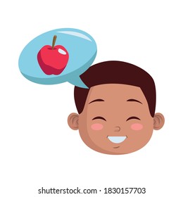 cute afro little boy student thinking in apple vector illustration design