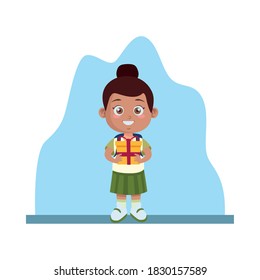 cute afro little girl student with gift character vector illustration design