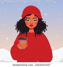 A cute afro woman in comfortable and warm winter clothes holds a glass of coffee in her hand. No artificial intelligence was used to create the illustration.
