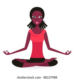 Cute Afro woman practicing Yoga. Vector Illustration.