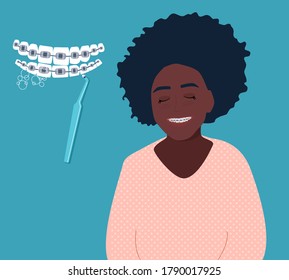 Cute afro-american girl teenager laughing with dental braces on her teeth. Orthodontic metal retainers with special brush.Oral daily life hygiene and care.Beautiful healthy smile.Vector for clinic