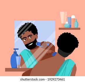 Cute afro-American man shaves with an electric razor in front of the bathroom mirror. Morning. Guy shaving his face. Vector illustration of a man shaving in front of the toilet mirror. flat style.