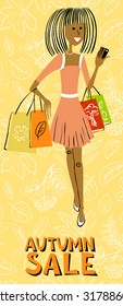 Cute afroamerican shopping girl character with shopping bags. Autumn sale lettering, Background for shopping, seasonal sale, tags, labels. Vector cartoon illustration