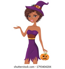 Cute afro-american witch with a pumpkin.