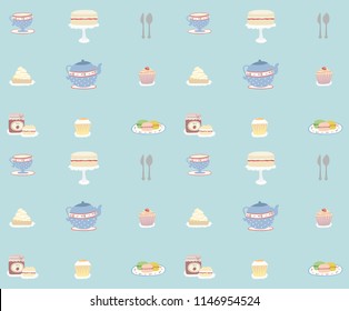 Cute afternoon tea background. Victoria sponge cake, cupcake, tea pot, tea cup, macaroons, scones, lemon meringue pie. Sweet treats.