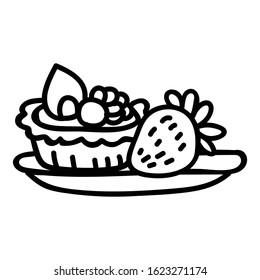 Cute afternoon tea pastry tart with strawberry clipart. Hand drawn breakfast cafe sweet snack. Baked patisserie for lunch lineart flat color. Monochrome isolated delicious, tasty, cake. Vector EPS 10.