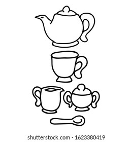 Cute afternoon tea set, teacup, teapot, clipart. Hand drawn breakfast drink kitchenware. Porcelain domestic crockery lineart in flat color. Monochrome isolated sugar pot, jug, hot. Vector EPS10. 