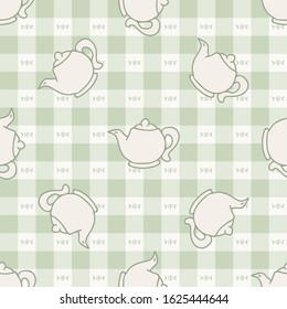 Cute afternoon teapot seamless vector pattern. Hand drawn green gingham domestic ceramic kettle background. Hot drink kitchenware home decor. British crockery all over print. 