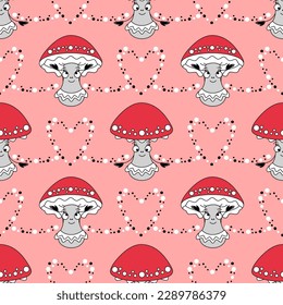 Cute agaric mushroom seamless pattern. Red background with fungus and hearts in flat retro style.
