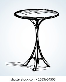 Cute aged circular curve carve shape stylish leg base pencil object. Outline black ink pen hand drawn logo pictogram emblem. Ancient art doodle print on light paper text space backdrop. Close up view