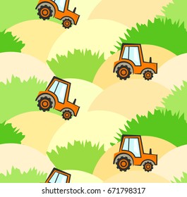 Cute agricultural kids pattern with tractors on field with sand and grass. Nice childrens colorful texture for textile, wrapping paper, wallpaper, background, covers, banners, surface