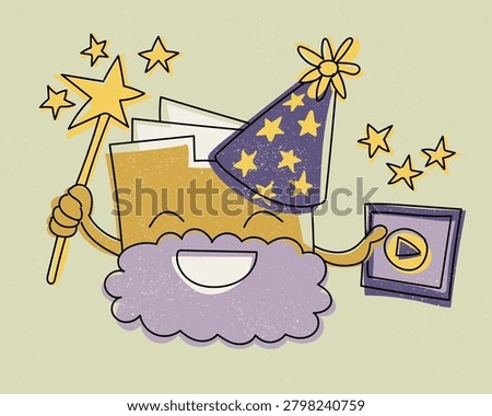Cute AI assistant character with wizard hat, magic wand, smiling face, and play button, symbolizing creative artificial intelligence, digital tools, imagination, and content generation