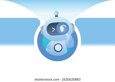 "Carácter lindo del robot de la IA en azul con la cara amistosa y el fondo digital."