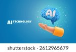 Cute AI Brain in Hand on Blue Background for Kids Learning Technology and Artificial Intelligence in Fun Educational Style. 3D Cartoon Character. Vector Illustration.