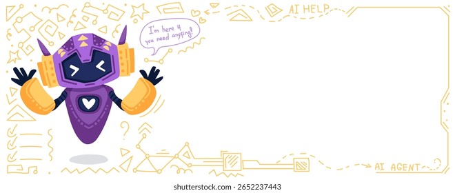 Lindo bot de chat de aire. Concepto de Anuncio con espacio de copia para su texto, los servidores ayudan a la tecnología de fondo. Comunicación en línea, asistencia de Asistencia, agente digital de dibujos animados. Ilustración vectorial