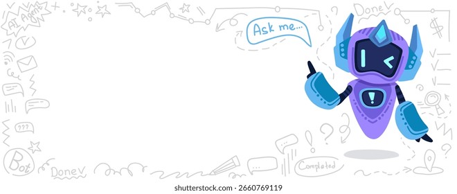 Netter ai chat bot. Banner-Konzept mit Kopienraum für Ihren Text, Server helfen Technologie-Hintergrund. Online-Kommunikation, Support-Unterstützung, Cartoon Digital Agent. VektorgrafikCute ai chat bot
