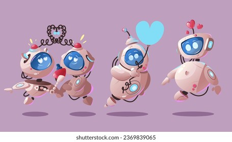 Cute ai robot bot character fall in love cartoon illustration. Happy technology mascot design with heart. Female and male artificial intelligence feelings and sympathy. Valentine cyborg emotion