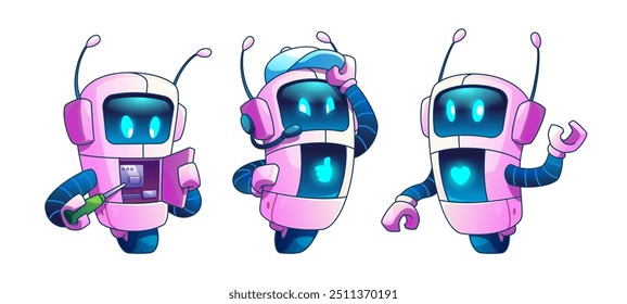 Cute ai robot character. Chat bot mascot cartoon illustration. Futuristic artificial intelligence chatbot set. Funny virtual cyborg with love expression and smile emoticon. Happy alien symbol