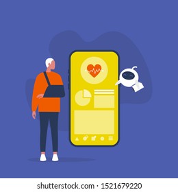 Cute AI robot demonstrating an interface of the mobile Online medical help app to a disabled male patient with a broken hand