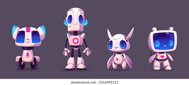 Cute ai robot evolution mascot cartoon vector set. Digital modern computer bot design icon isolated. Artificial intelligence mechanical companion friend for communication and education in internet.