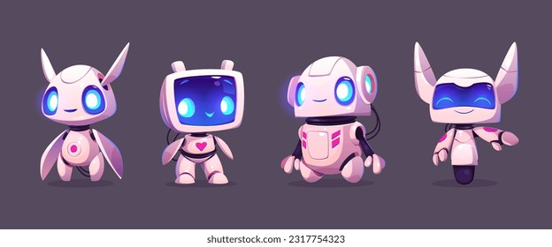 Cute ai robot evolution mascot cartoon vector set. Digital modern computer bot design icon isolated. Artificial intelligence mechanical companion friend for communication and education in internet.