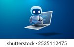 Cute AI robot floating over laptop with coding on screen, symbolizing artificial intelligence and automation. Digital assistant, artificial intelligence. Vector illustration