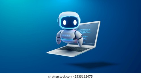 Cute AI robot floating over laptop with coding on screen, symbolizing artificial intelligence and automation. Digital assistant, artificial intelligence. Vector illustration