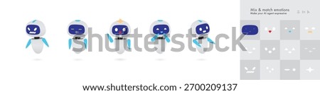 Cute AI robot mascot character set with constructor kit for animation. Vector illustration of futuristic generic brand assistant with different emotions and gestures for chatbot or mobile app