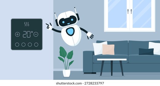 Cute AI robot pointing at a smart thermostat at home: smart air conditioning and home automation concept