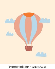 Cute air balloon icon. Travel and adventure, air vehicle, flights. Poster or banner for website, graphic element for printing on fabric. Pattern of map for kids. Cartoon flat vector illustration