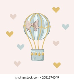 Cute air balloon isolated on pink background. Greeting sweet postcard.Vector illustration. Hand drawn
