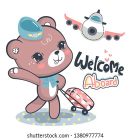 Cute Air Hostess Bear Cartoon Saying Welcome Aboard Isolated On White Background Illustration Vector.