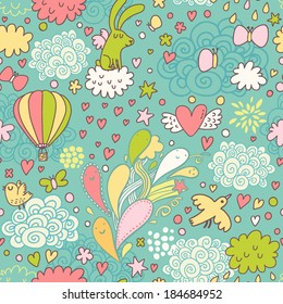 Cute air seamless pattern with hot air balloon, birds, butterflies, hearts, rabbit and clouds