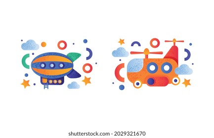 Cute Air Vehicles Set, Toy Airship and Airplane Transport Flat Vector Illustration