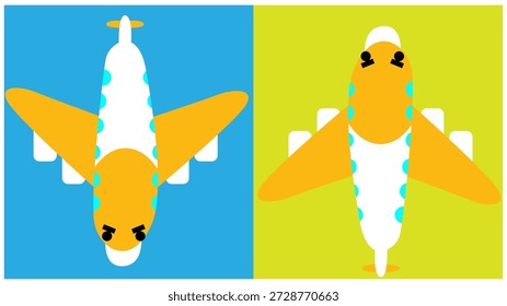 Cute airplane character illustrations seen from above (bird's-eye view, 2 patterns).