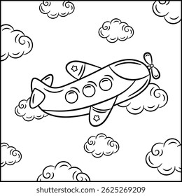 cute airplane coloring sketch page for kids with clouds and simple sky background