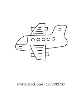 Cute airplane in doodle style Isolated on white background.
Vectonic illsution black and white. Side view