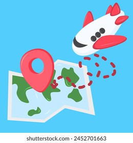 Cute Airplane flying near the map. Plane, aircraft, air transport in flight. Aeroplane travels, flies, bottom view. Aviation, airliner outside. Flat vector illustration isolated on white background