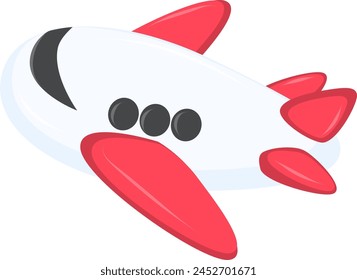 Cute Airplane flying. Plane, aircraft, air transport in flight. Aeroplane travels, flies, bottom view. Aviation, airliner outside. Flat vector illustration isolated on white background