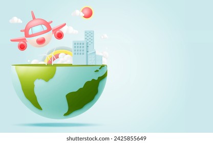 Cute Airplane flying in the sky 3d art with beautiful world background vector illustration