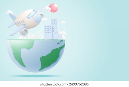 Cute Airplane flying in the sky 3d art with beautiful world background vector illustration