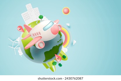 Cute Airplane flying in the sky 3d art with beautiful world background vector illustration