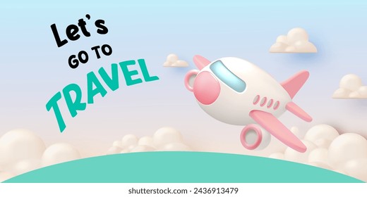 Cute Airplane flying in the sky 3d art with beautiful background vector illustration