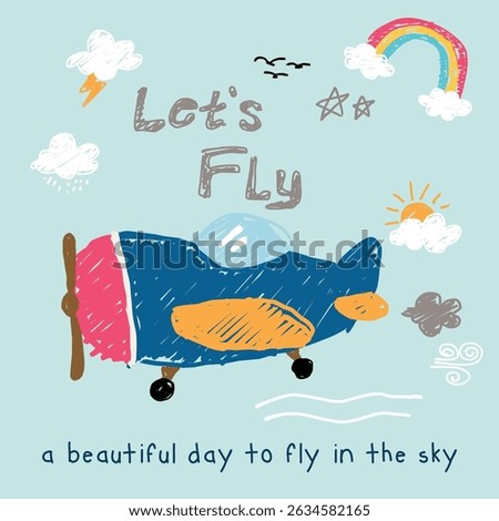 cute airplane lets fly doodle vector