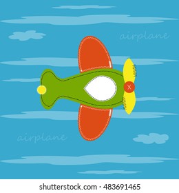 Cute airplane on celestial background with clouds. T-shirt design vector illustration.