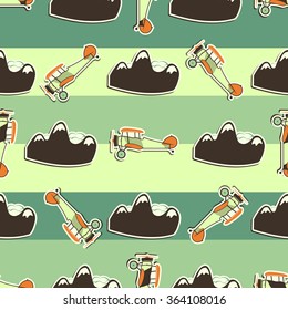 Cute airplane pattern. Doodle style. Old Biplanes seamless background with cartoon planes, mountain. Retro aircraft wallpaper and design elements. Best for kids gifts, travel companies. Vector