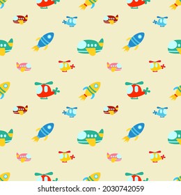 Cute Airplane Pattern.Kids Background.Rocket,Aircraft,Helicopter,Spaceship.Vector Illustration.