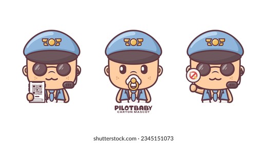cute airplane pilot baby cartoon mascot. vector illustrations with outline style.