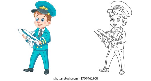 Cute airplane pilot with plane model. Coloring page and colorful clipart character. Cartoon design for t shirt print, icon, logo, label, patch or sticker. Vector illustration.